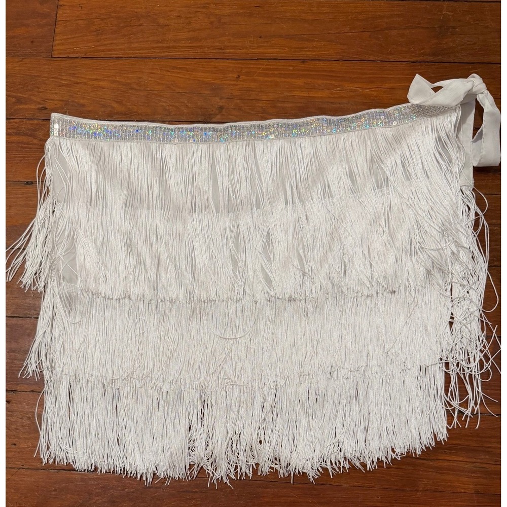 White Fringe Wrap Mini Skirt Sequin Waistband Festival Dance Cover‎ Up XL